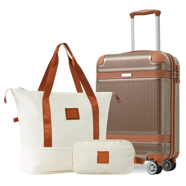 3 PCS ABS Lightweight Hard Shell Carry on Luggage with Travel Bag, Spinner Wheels and TSA Lock, Coppery - ModernLuxe