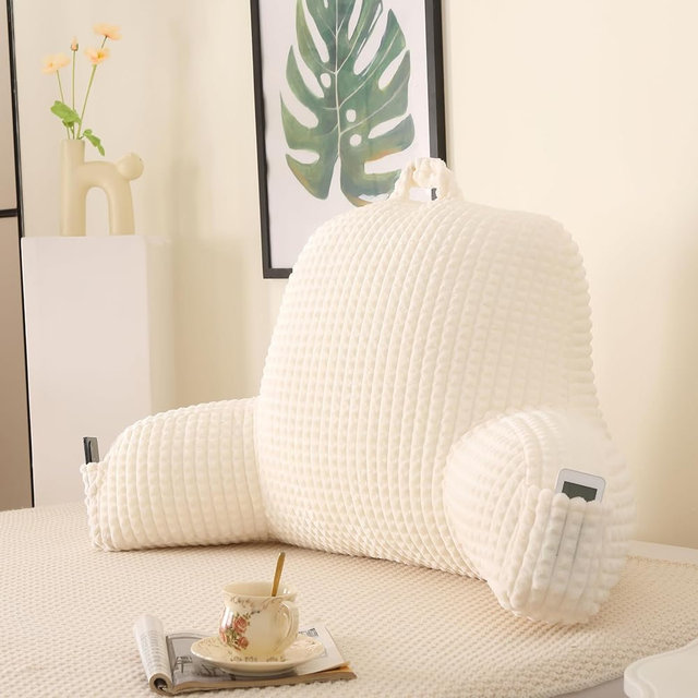 PAJEO Reading Pillow with Arms for Bed Sitting,White Flannel | Large Supportive Backrest Helps Ease Neck,Shoulder & Arm Strain While Gaming Reading or Watching TV