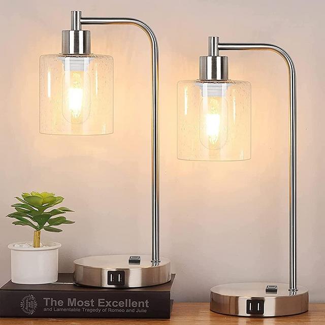 Industrial Touch Control Table Lamps Set of 2 - Brushed Nickel Nightstand Bedside Lamps with 2 USB Ports & AC Outlet, 3-Way Dimmable Desk Lamp for Bedroom Living Room, Glass Shade & LED Bulbs Included