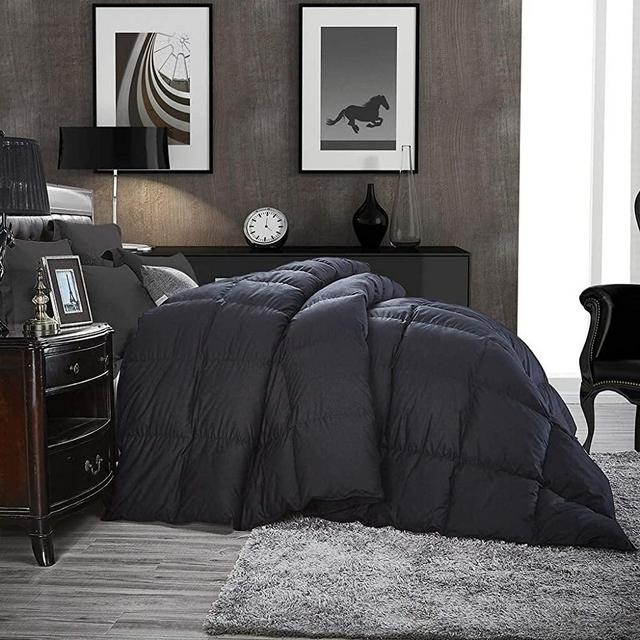 Luxurious Full / Queen Size Siberian Goose Down Comforter Down Fiber Duvet Insert, 100% Egyptian Cotton Cover, 60 oz. Fill Weight, Black Solid