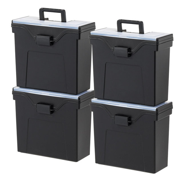 IRIS USA File Box Slim Portable File Organizer Plastic File Box for Letter File w/ Organizer-Lid, Black 4 Pack