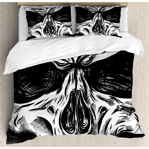 Ambesonne Halloween Gothic Dead Skull Face Close Up Sketch Evil Anatomy Skeleton Illustration Duvet Cover Set