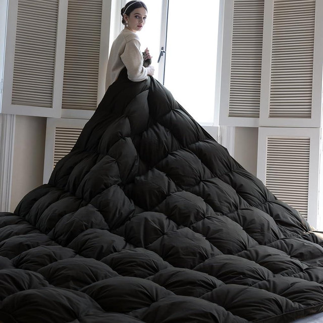 KAKABELL Pinch Pleat Goose Down Feathers Fiber Comforter King Size All Season-Ultra Soft and Cozy Noiseless Duvet Insert with Egyptian Cotton Blend Cover,Fluffy Warm Comforter Insert(Black,90"X106")
