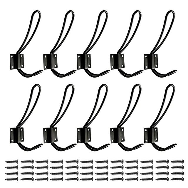 Rustic Entryway Hooks | 5 Pack of Black Wall Mounted Vintage Double Coat Hangers with Large Metal Screws Included