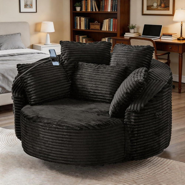 SOFTSEA 55 Inch Oversized Swivel Barrel Chair, Corduroy Upholstered Round Lounge Chair with 5 Throw Pillows & Adjustable Phone Holder, Comfy Accent Armchair for Living Room Apartment, Black