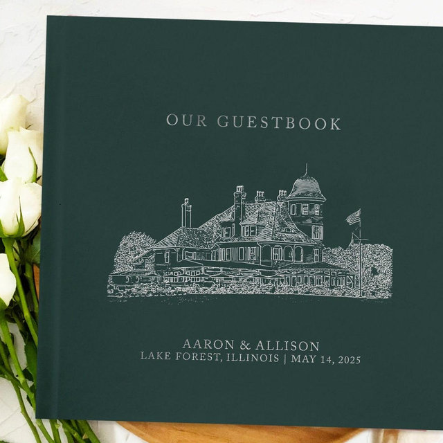 CUSTOM Venue Illustration Wedding Guest Book Wedding Guestbook Landscape Gold Foil Guestbook Personalized Hardcover Guest Photo Guest Book