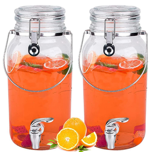 Eleganttime 2 Packing 1 Gallon Glass Drink Beverage Dispenser With Spigot And Handle Trigger Locking Clamp Juice Water Dispenser with Easy Flow Spigot for Outdoor, Glass Pitcher Parties and Daily Use