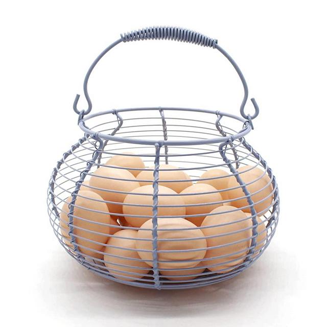 CVHOMEDECO. Elegant Wire Egg Basket with swimming Handle Primitives Vintage Gathering Basket. Light Blue (7-3/4"Dia. X 5"H Blue)