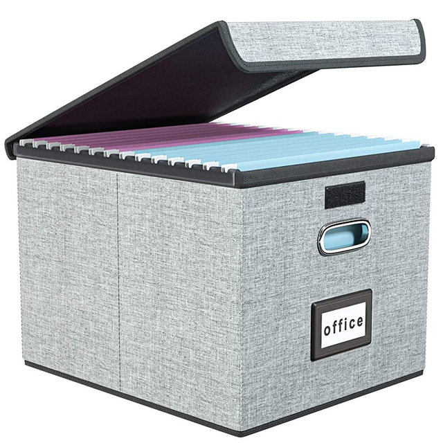 Upgrade Portable File Organizer Box with Lids, Huolewa Collapsible Linen Hanging Filing Storage Boxes with Plastic Slide, Decorative Home/Office Filling System for File and Folders Storage (Gray)
