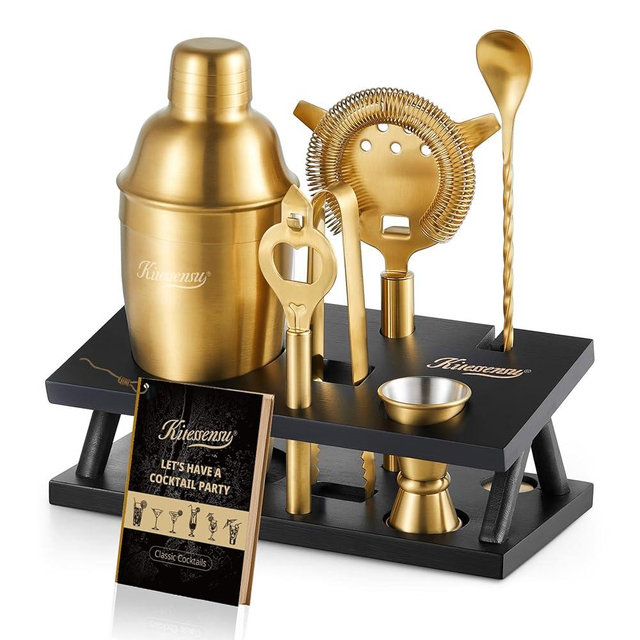 KITESSENSU Cocktail Shaker Set Bartender Kit, 6-Piece Silver Bar Set with Stand, Gold