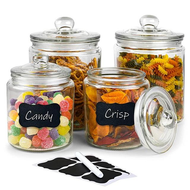 Glass Cookie Jar -2x 1/2 Gallon (64oz) & 1/4Gallon (32oz) - Glass Apothecary Jars With Lids - Canister Sets For Kitchen Counter - Glass Candy Jars - Glass Canisters Set Of 4 - Sugar Containers For Countertop (Glass Jars with labels)