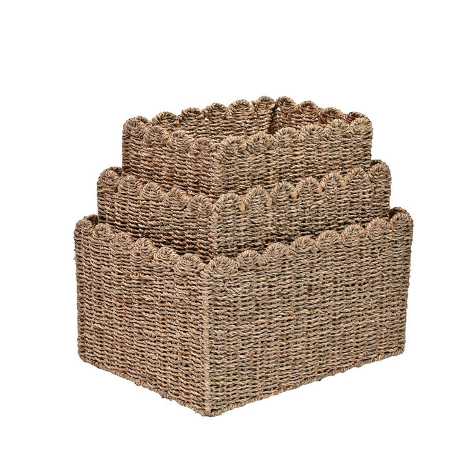 happimess Arden Coastal Cottage Seagrass Scalloped Rectangular Organizing Storage Baskets, Natural