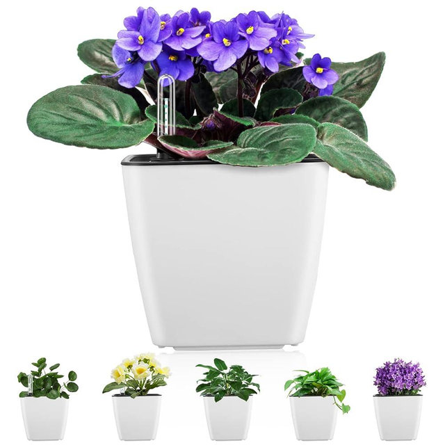Self Watering Planters for Indoor Plants : 5 inch 6 Pack White Planter with Water Level Indicator African Violet Self Watering Flower Pot for Herb pots House Plant Planting Plastic Modern Decor Pots