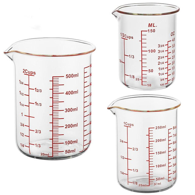 3 Piece Glass Measuring Cup Set, Includes 1/2-Cup, 1-Cup, and 2-Cup High Borosilicate Glasss Liquid Measuring Cups, Dishwasher, Freezer, Microwave, and Preheated Oven Safe, Essential Kitchen Tools