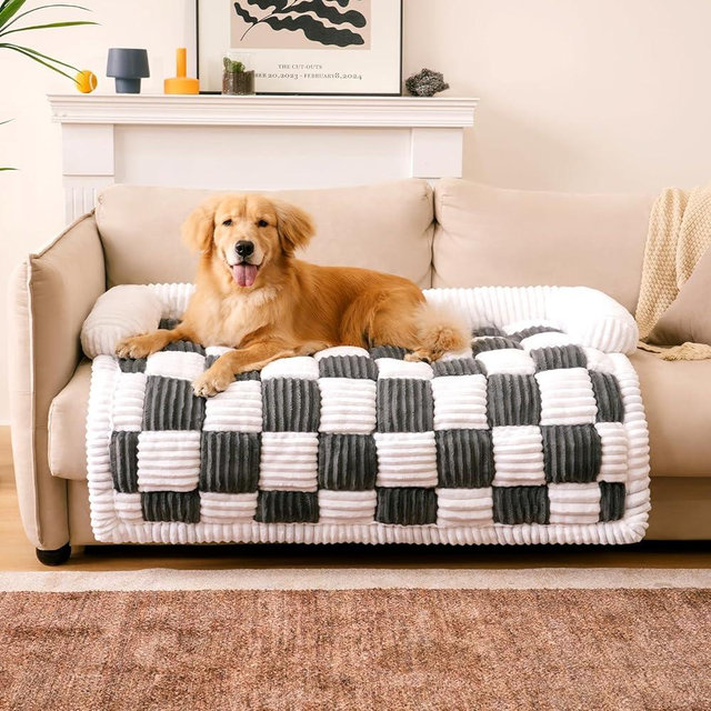 FUNNY FUZZY Couch Cover for Dogs, Large Dog Couch Cover Bed Cream Square Plaid Washable Pet Mat for Furniture Protector Sofa Cover for Home and Car, X-Large, Black