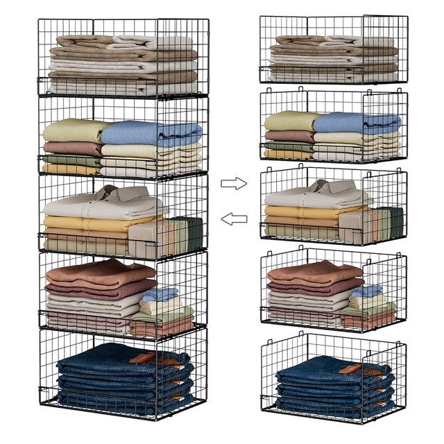 Yociyoga 5-Tier Stackable Closet Organizers and Storage Shelves, Closet Shelf Organizer Basket Bins, Foldable Sweater Storage for Closet Organizer System, Black（Patent Pending）
