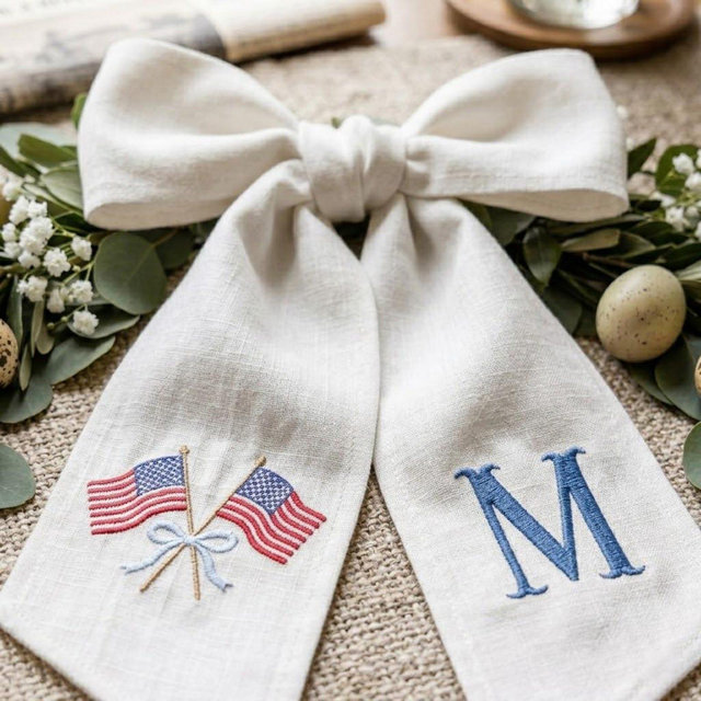 Embroidered Personalized USA Flag Wreath Sash, Custom Monogram Seersucker Door Decor, Summer Toile Front Door Bow, Holiday Decor