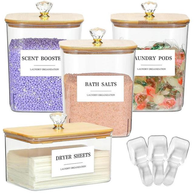 4 Pack Clear Laundry Pods Container & Dryer Sheet Holder Set with Lid, Laundry Containers with Scoops & Labels, Laundry Room Organization and Storage for Laundry Detergent, Pods, Powder, Beads