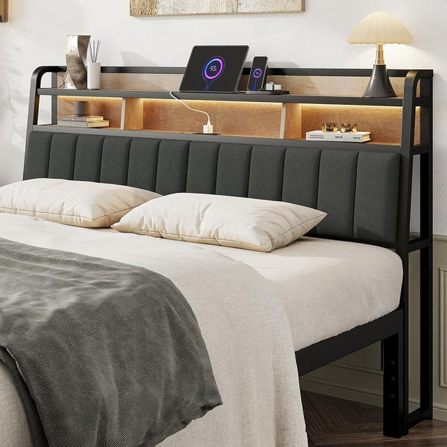 Lefurture King Headboard Only with Storage, Upholstered Headboards for King Size Bed with LED Light, Charging Station, Height Adjustable, Sturdy and Stable Headboard, Black & Brown