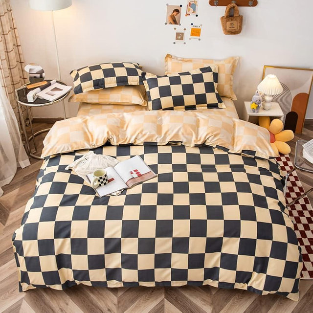 LAMEJOR Duvet Cover Set King Size Beige/Gray Checkered Bedding Set Comforter Cover (1 Duvet Cover+2 Pillowcases)