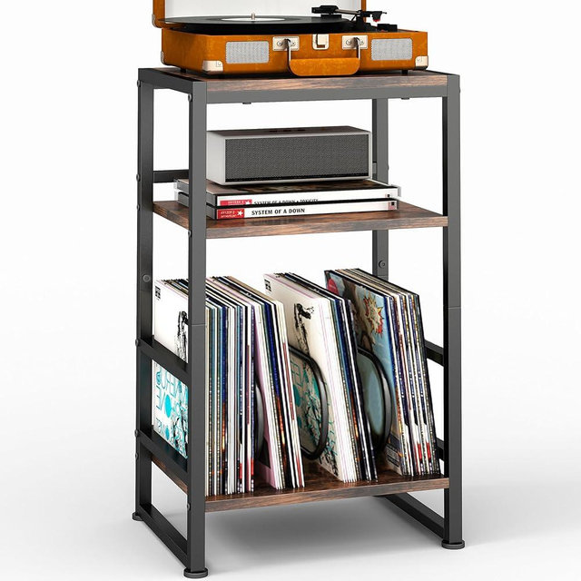 ZEXVIDA 3-Tier Vinyl Record Player Stand, End Table for Album Storage, 28" H Record Player Stand with Storage Up to 120 Albums, Side Table for Living Room Bedroom (Rustic Brown)