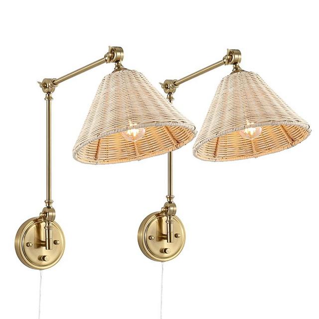 WINGBO Wall Sconce Rattan Wrapped Wall Lamp, Adjustable Swing Arm Wall Light Foldable Gold Light Fixture Vintage Bedside Light Wicker Handmade Shade Brass Reading Light Plug in or Hardwire (2 Pack)