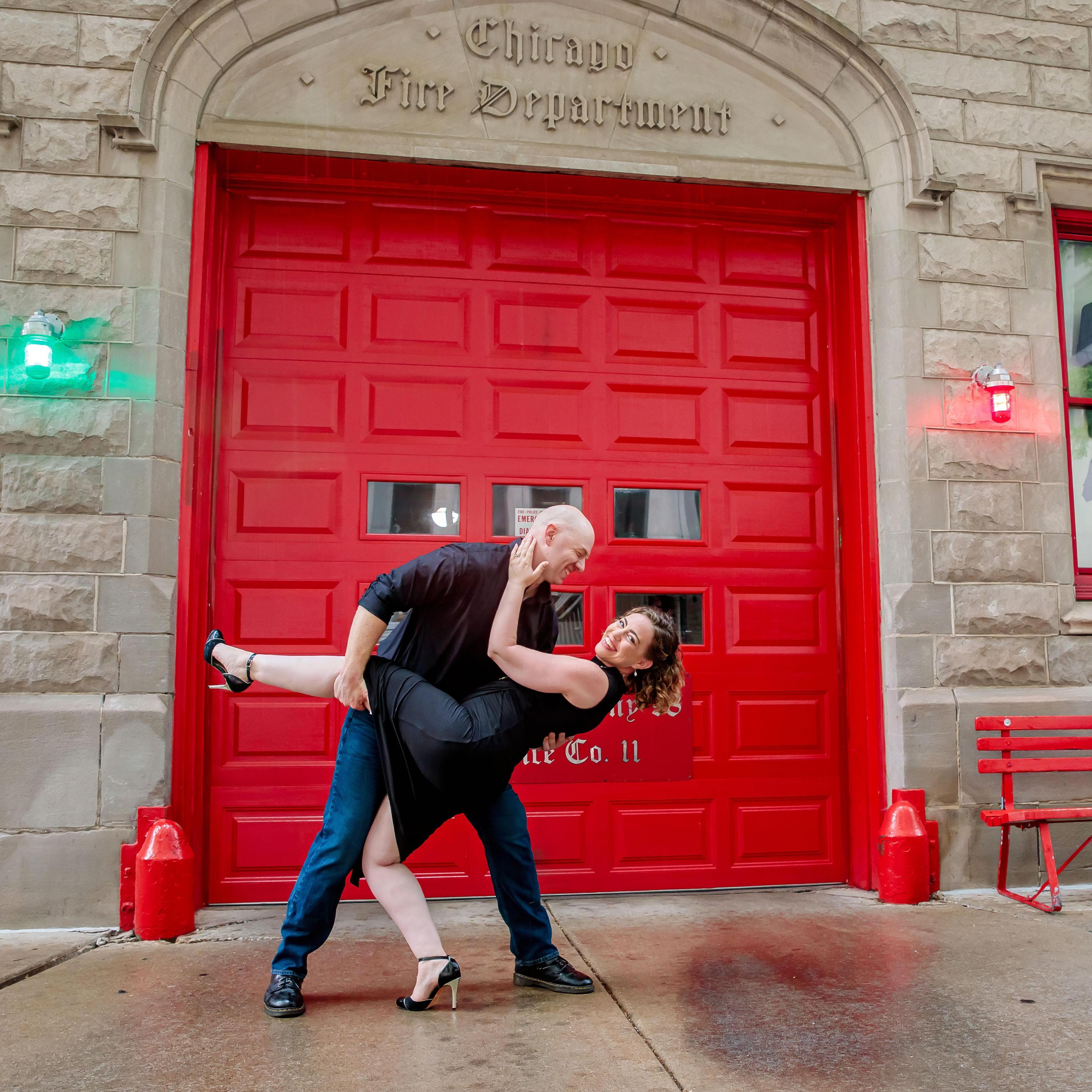 Jon's firehouse with Engine 98 on the Mag Mile makes for a great engagement shoot backdrop.