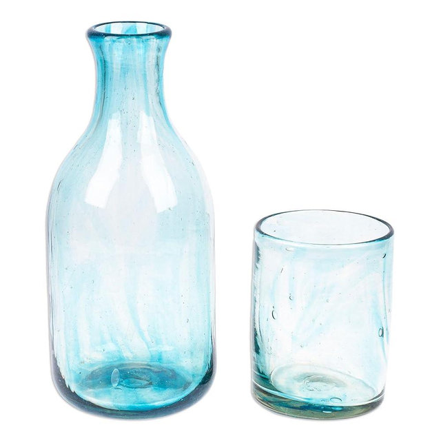 NOVICA Artisan Handblown Recycled Glass Carafe Aqua Cup Clear Green Mexico Tableware Drinkware 'Delicate Aqua'(Pair)