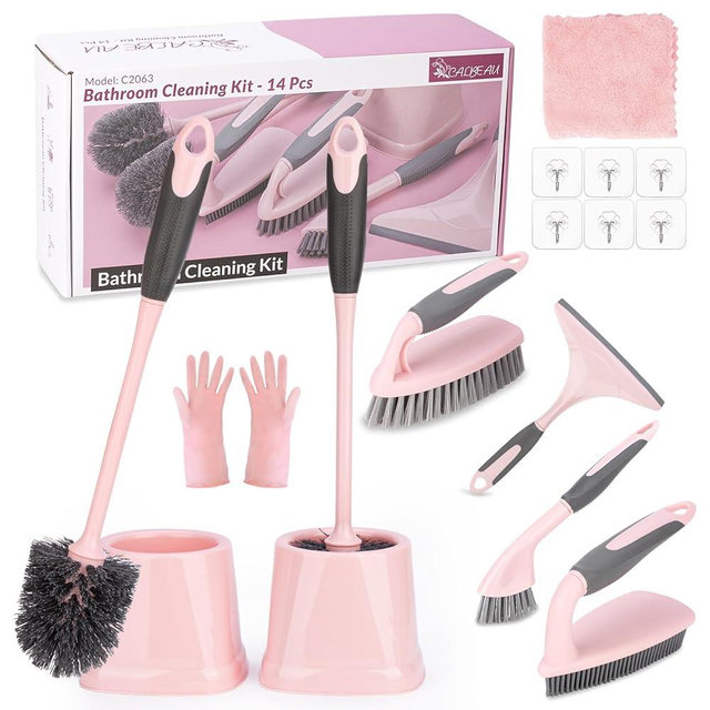 CALBEAU 14 Pcs Bathroom Cleaning Tools with Toilet Brush, Scrub Brush, Cleaning Brush for Toilet, Bathtub, Pink Toilet Brush and Holder Set with Ergonomic Handle and Sturdy Bristles