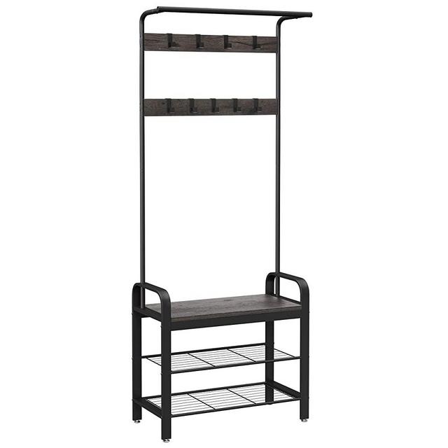 VASAGLE Coat Rack, Shoe Bench, Hall Tree with Storage Shelf for Entryway, Industrial Accent Furniture with Steel Frame, 3-in-1 Design, Easy Assembly, Charcoal Gray and Black UHSR040B04