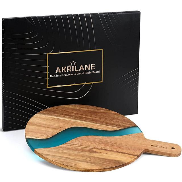 AKRILANE Cheese Board With Handle | Handmade Resin Chesse Board With Blue Crystal Resin River | Natural Acacia Wood Luxury Charcuterie Board | Kitchen Decor with Resin Art