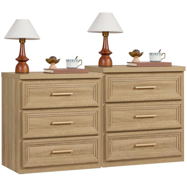 RWYHG Night Stand Set of 2 with 3 Drawer 26" Fluted Wooden Tall Nightstand Metal Handle for Bedroom Living Room Bedside Table Modern Style Furniture Natural Oak