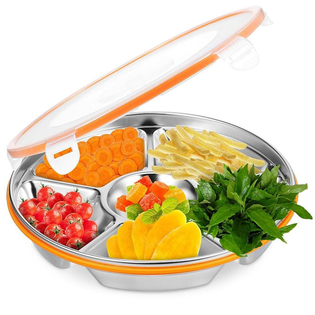 Luxshiny Divided Serving Tray with Lid, 6 Compartment Snack & Veggie Tray in Stainless Steel
