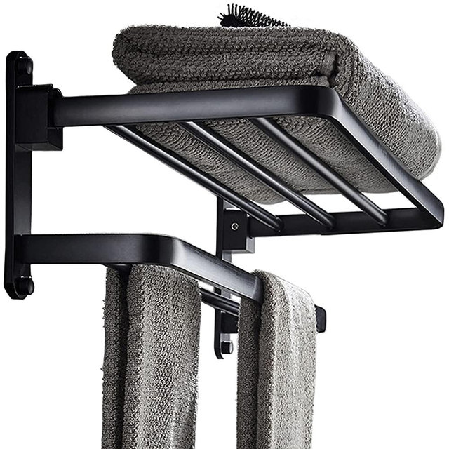 BOZWELL Bathroom Lavatory Towel Rack with Two Towel Bars,20-Inch Towel Holder with Shelf BZ105-A (Matte Black)