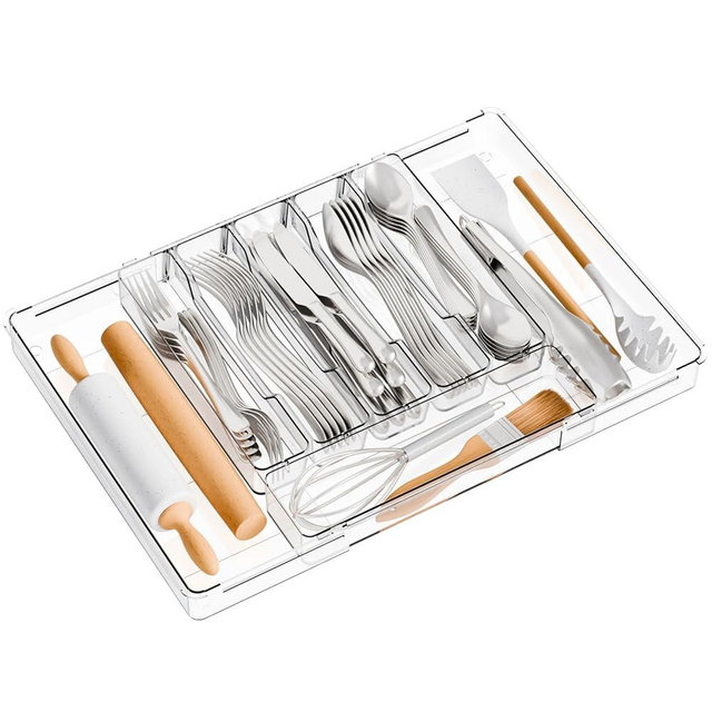 Yieach Large Clear Expandable Silverware Drawer Organizer for Kitchen,BPA FREE Adjustable Utensil Drawer Organizer and Silverware Tray,Plastic Flatware Organizers,Cutlery,Knife,Fork and Spoon Holder