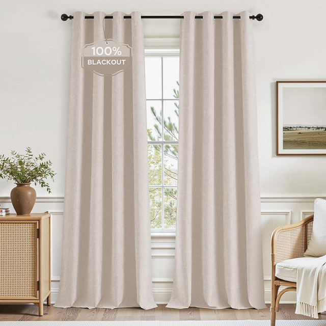 HOMEIDEAS Beige 100% Blackout Curtains 84 Inches Long, Faux Linen Natural Textured Drapes Thermal Insulated Luxury Curtains for Modern Farmhouse Bedroom Decor, Nursery, Living Room 52 X 84 2 Panels