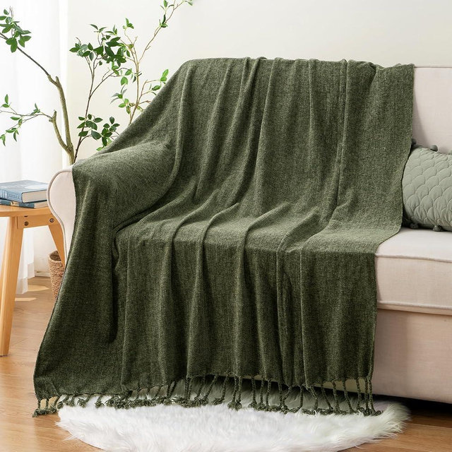 BATTILO HOME Olive Green Chenille Throw Blanket for Couch, Soft Cozy Textured Knit Throw Blanket with Handmade Fringe Tassels, Lightweight Decorative Farmhouse Blanket for Sofa Bed Chair, 50"x60"