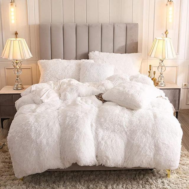 Uhamho Faux Fur Velvet Fluffy Bedding Duvet Cover Set Down Comforter Quilt Cover with Pillow Shams, Ultra Soft Warm and Durable (White, Queen)