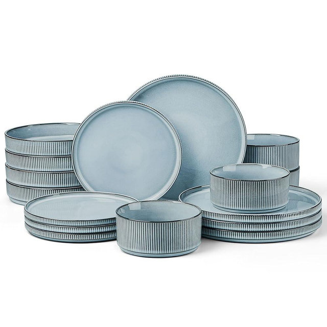 LIANYU Dinnerware Stoneware Sets with Pasta Bowls, 16 Piece Plates and Bowls Set for 4, Ribbed Dishes Set for Home, Microwave and Dishwasher Safe, Slate Blue