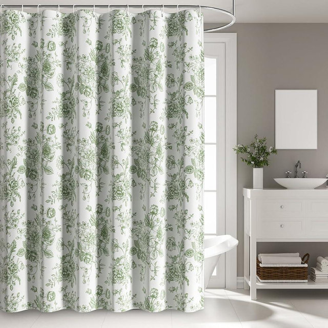 dnldliq Watercolor Floral Shower Curtain, Sage Green Flower Modern Minimalist Waterproof Fabric Bath Curtain for Bathroom with Hooks, 47x70 Inch