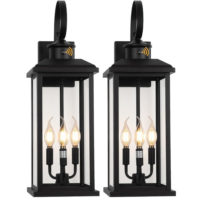 24" Dusk to Dawn Outdoor Wall Light Fixture 2 Pack-Black Extra Large Modern Porch Lantern 3-Light, Waterproof Exterior Lighting Sconce Wall Mount, Outside Lamp for Entryway Garage Coach E12 Base