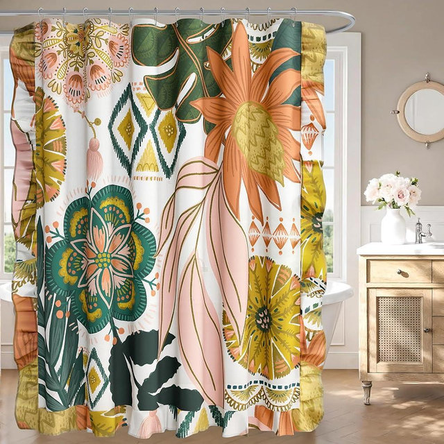 Tyrot Boho Floral Fabric Shower Curtain Set Colorful Abstract Botanical Ruffle Shower Curtains for Bathroom Mid Century Modern Aesthetic Home Decor Waterproof Bath Curtain with Hooks, 72x72