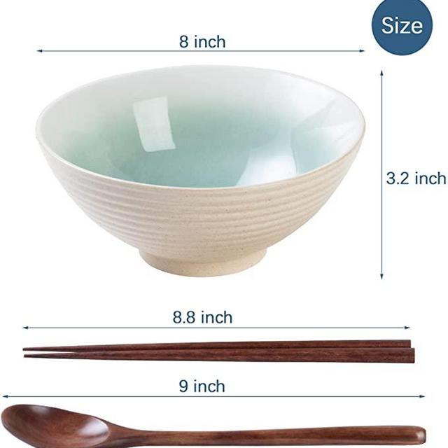 HOKELER Ceramic Japanese Ramen Bowl Set, 2 Sets 8 inch 40 Ounce Asian Pho Udon Noodle Bowls with Spoons and Chopsticks (Green)