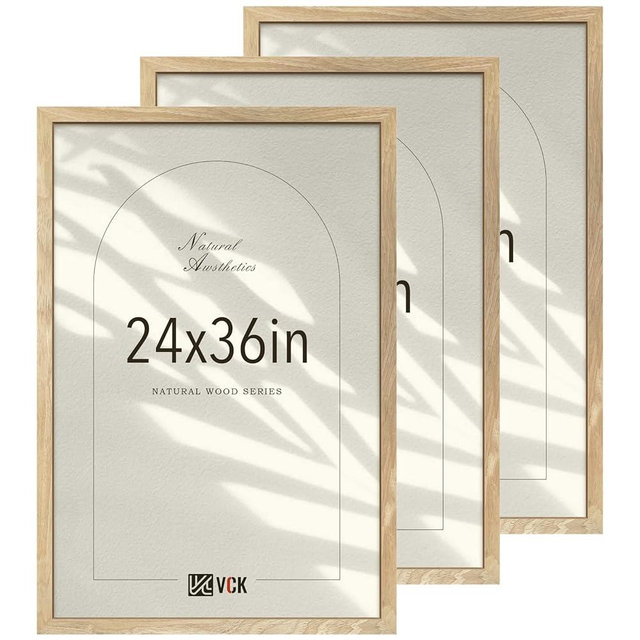 VCK 24x36 Poster Frame Set of 3 - Natural Solid Wood, Exclusive Wood Grain Picture Frame, Wall Hanging