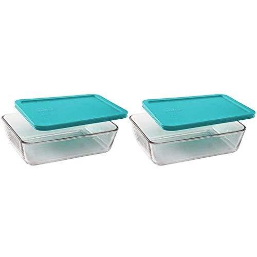 Pyrex Basics Clear Glass Food Storage Dishes, 2 (6-Cup) Oblong Dishes with Turquoise Plastic Lids