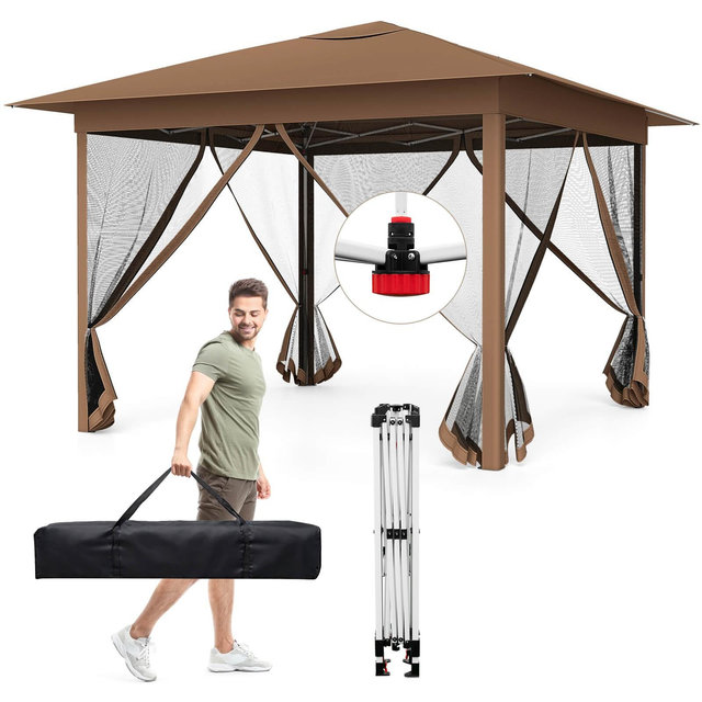 Costway 11.5 X 11.5 FT Easy Pop-up Canopy with Mesh Screen Netting, Air Vent, 4 Doors, Bag Brown