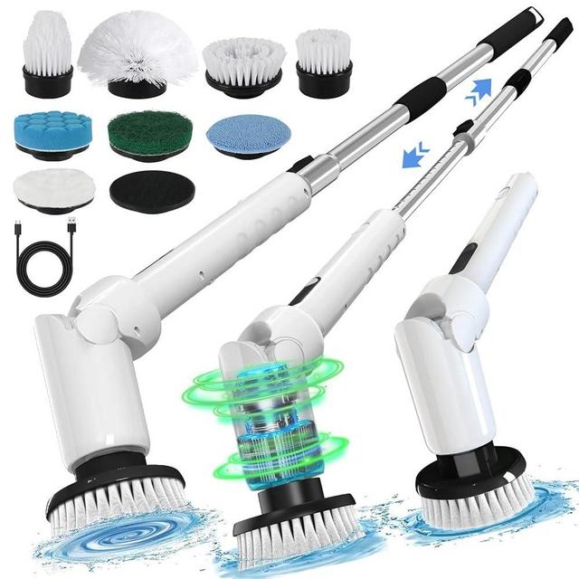 Electric Spin Scrubber - Cordless Cleaning Brush with Digital Display, 2 Speeds, 8 Brush Heads, IPX7 Waterproof, Adjustable Long Handle for Bathroom, Tub, Tile, Shower, and Car