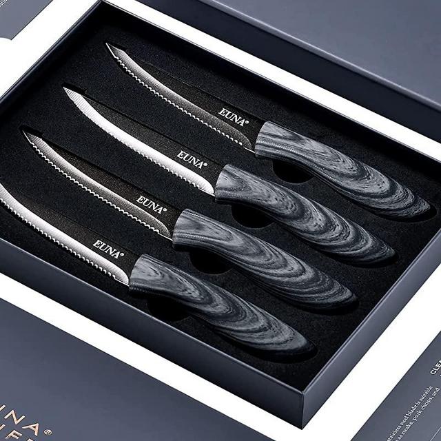 Rae Dunn Everyday Collection Set of 5 Stainless Steel Knives with Sheaths-  Chef, Paring, Bread, Santoku Knives- (Black)