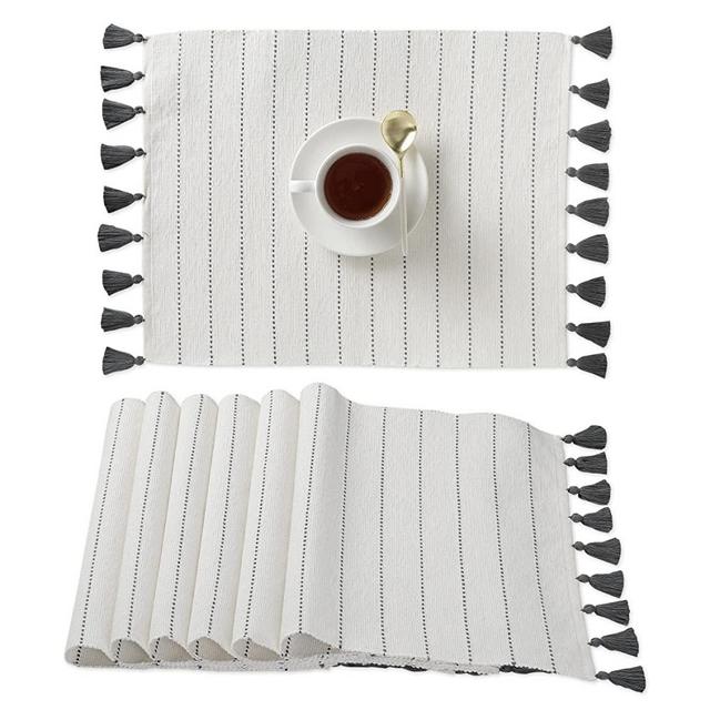 Folkulture Placemats Set of 6, 100% Cotton Ribbed Place Mats 14 x 19 Inches with Cute Tassels, Table Mats for Farmhouse Table Decorations, Modern Boho Placemats for Dining Table, Charcoal Gray