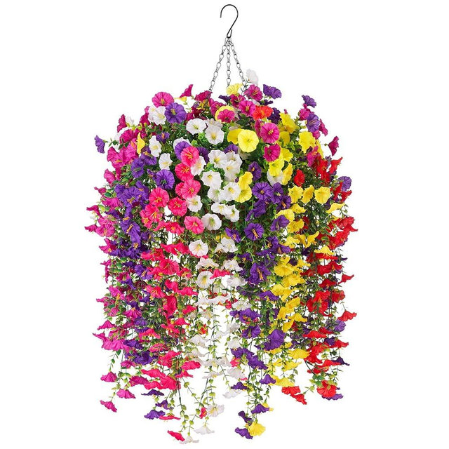 INXUGAO Artificial Flowers with Hanging Basket, Outdoor Faux Plants Silk Morning Glory Vines, Fake Petunias for Garden Patio Spring Summer Decor, 12 pcs Mixed Color